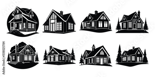 set of american craftsman house silhouette vector on white background
