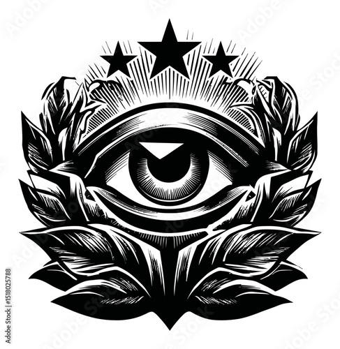 Eye of Providence Illustration with Stars and Laurel Leaves Design