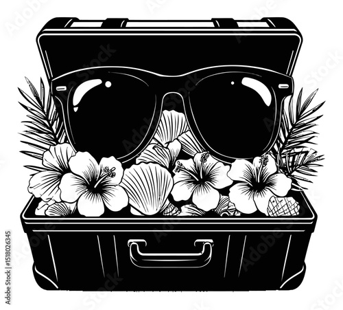 Vintage Engraving of Sunglasses on a Suitcase with Tropical Flowers