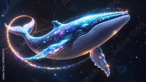 Majestic interstellar whale glowing in a fantastical galaxy, created from stardust and surrounded by celestial beauty