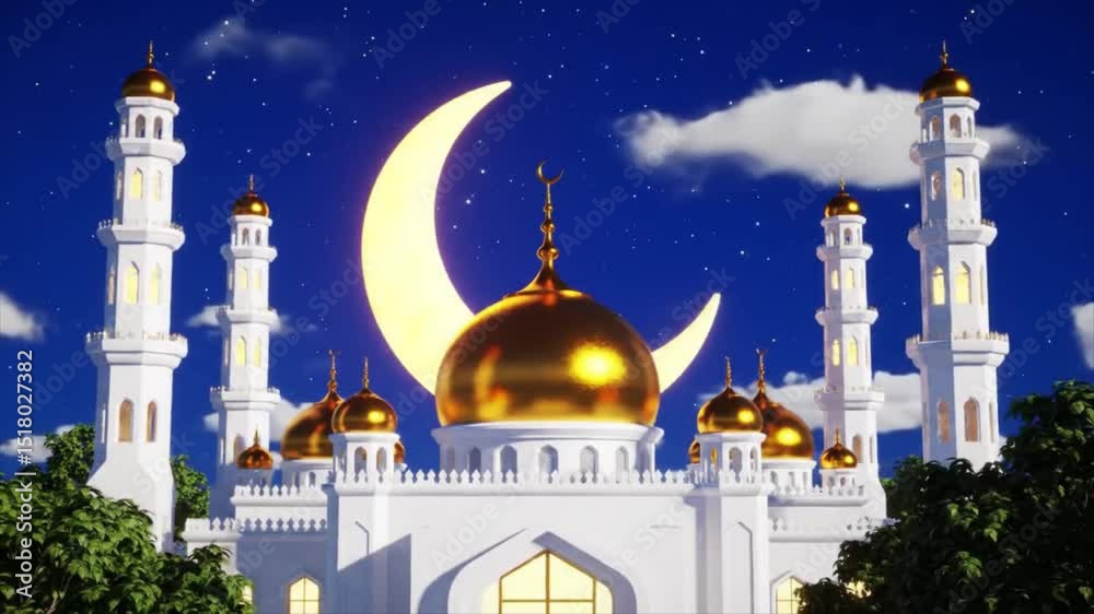 3D Idul Adha Background with Mosque and Crescent Moon in Night Sky