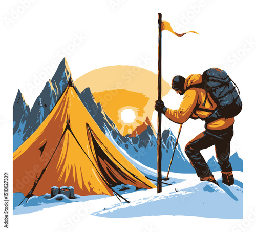 Modern Hand-Drawn Vector Illustration of Adventurer at Mountain Campsite