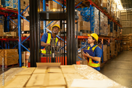 a logistics supervisor in safety gear holds documents and assesses incoming shipments against packed boxes and forklift activity in a high-bay warehouse