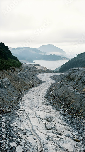 Mountain Valley Path With Rocky Terrain And Misty Background