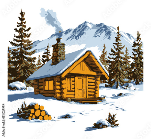 Cozy Log Cabin in a Snowy Mountain Landscape with Pine Trees
