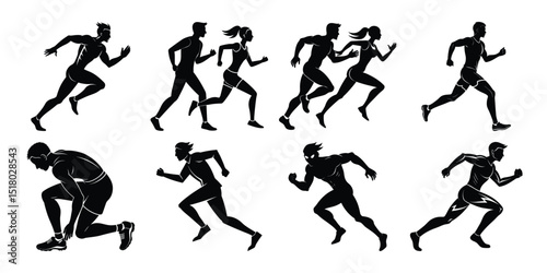 silhouettes of man and woman running on white background