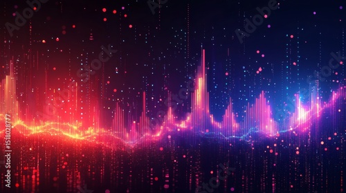 Abstract digital landscape with vibrant red and blue glowing lines and particles.