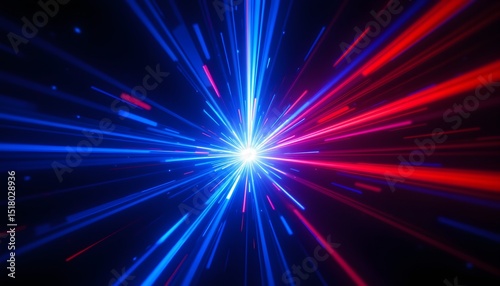 A high energy abstract composition featuring a vortex like arrangement of intense blue and red light streaks
