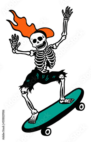 Playful Skeleton Skateboarder with Vibrant Hair and Modern Doodle Style