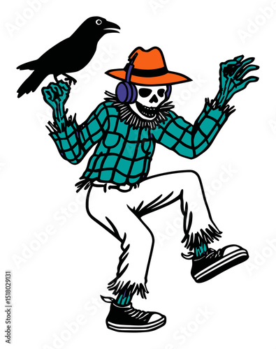 Funky Skeleton Scarecrow Dancing with a Crow in a Modern Doodle Style
