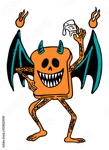 Quirky Doodle of a Cartoonish Toast Monster with Wings and Flames
