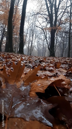 Autumn Forest Floor Covered With Wet Leaves