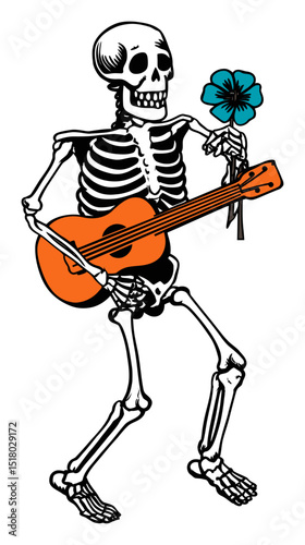 Playful Skeleton Doodle Holding Flower and Guitar in Modern Illustration Style