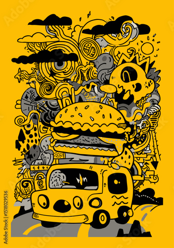 Vibrant Modern Hand-Drawn Illustration of a Car with a Giant Burger