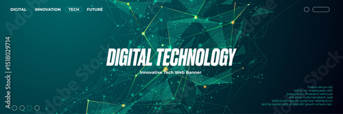 Abstract green technology web banner with connected dots and thin lines wave. Plexus polygonal tech background. AI innovation concept. Digital tech bg is great for using as a cover, presentation, web