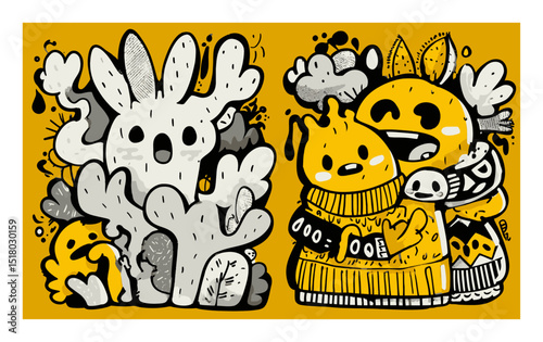 Whimsical Hand-Drawn Modern Vector Illustration of Cute Characters