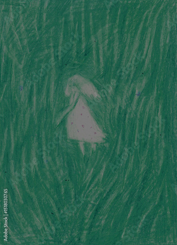 Dreamlike Crayon Drawing of a Girl in Tall Grass – Soft Pastel Illustration
