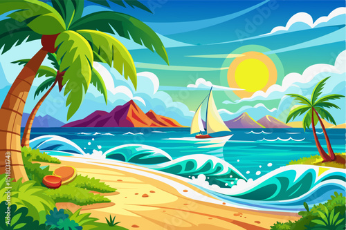 Colorful vector illustration of tropical beach with palm trees ocean waves and sailboat under bright sun with clear sky vibrant water and mountains in background in cheerful summer vacation scene
