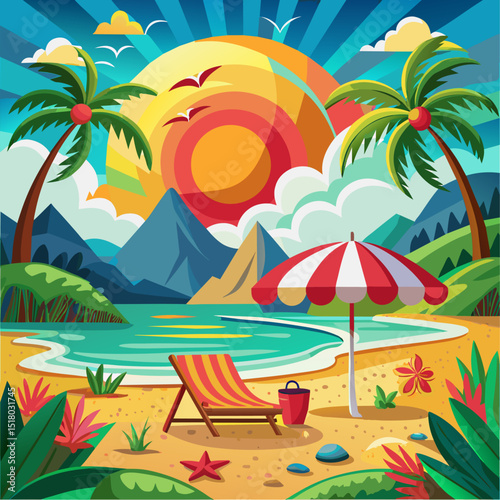Vibrant vector illustration of tropical beach at sunset with striped umbrella sun lounger palm trees colorful sky mountains and ocean in cheerful summer holiday concept with bright cartoon style
