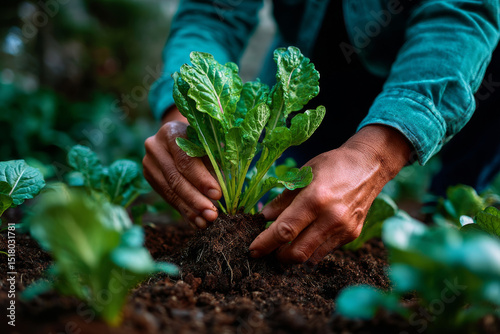 Hands planting leafy green vegetable seedling in garden soil