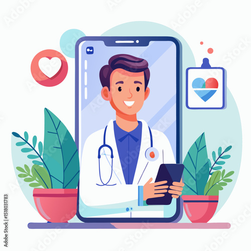 Vector illustration of male doctor appearing on smartphone screen during online medical consultation surrounded by health app icons and potted plants in modern telemedicine concept with flat design

