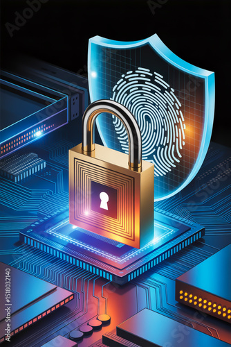 A digital illustration of cybersecurity and data protection technology. In the center, a metallic gold padlock with a digital lock icon sits on top of a glowing blue circuit board .