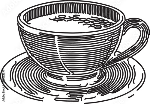White mug with hot coffee or tea, isolated on a saucer, perfect for a morning breakfast beverage