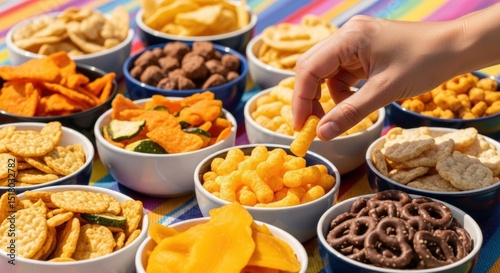 Hand reaching for a cheese puff from a vibrant assortment of savory snacks in bowls.