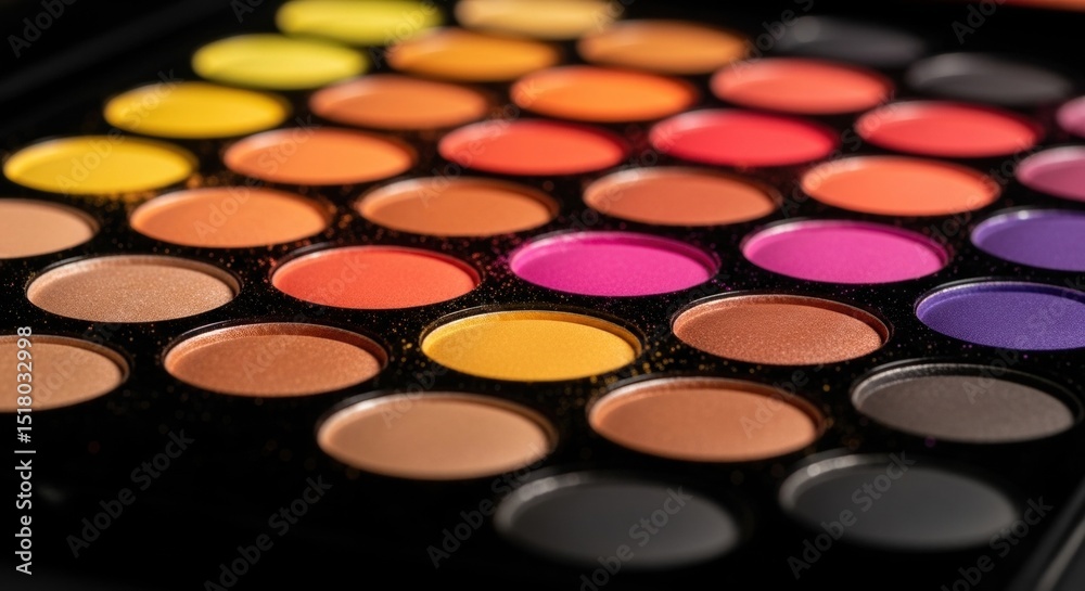 Vibrant makeup eyeshadow palette with a wide range of colorful shades in circular pans Vibrant makeup eyeshadow palette with a wide range of colorful shades in circular pans