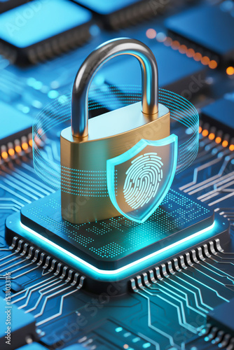 A digital illustration of cybersecurity and data protection technology. In the center, a metallic gold padlock with a digital lock icon sits on top of a glowing blue circuit board .