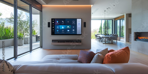 Luxury living room with large smart TV and open kitchen featuring modern furniture and decor  
