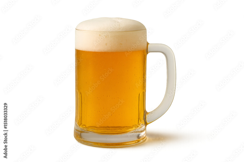 Refreshing golden beer with foam in glass mug on transparent background Refreshing golden beer with foam in glass mug on transparent background