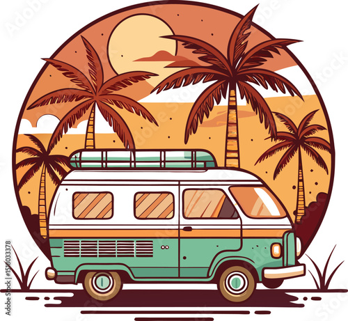 Retro Camper Van Tropical Sunset Travel Illustration