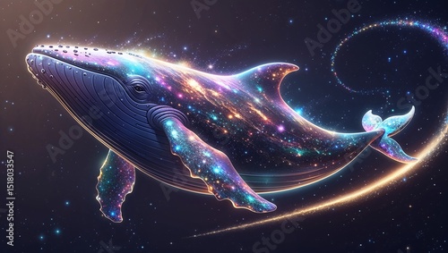 A majestic cosmic whale crafted from stardust swimming through a galaxy of glowing stars and nebulae