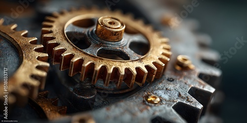 Exposed antique brass clockwork: intricate gears, cogs. Warm, desaturated hues. Soft light on metal. Fills lower left; upper right blurred, darker. Steampunk, photorealistic.