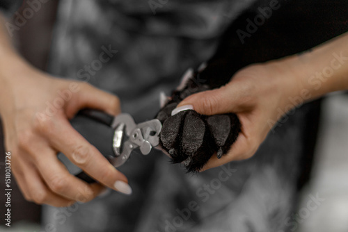 Close view of a person trimming a dog's claws with special pet nail clippers, focusing on hygiene and care