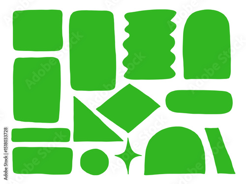 Freeform Abstract Green Shape Collection. A vibrant collection of fourteen freeform green abstract shapes including blocks curves zigzags domes and unique silhouettes. Perfect for geometric visual