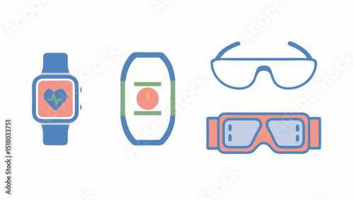 Smartwatch fitness tracker safety pod personal locator and goggles eye safety gear collection vector design