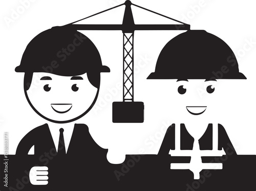 Cartoon vector illustration of construction workers on a construction site