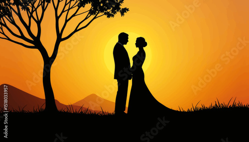 Romantic wedding couple silhouetted at sunset, eternal love