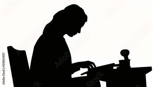 Librarian stamping a book in silhouette, creative dedication