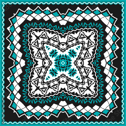 Complex ornament in white and blue palette on black background for bandana, blanket, tablecloth, neckerchief or other. Vector illustration