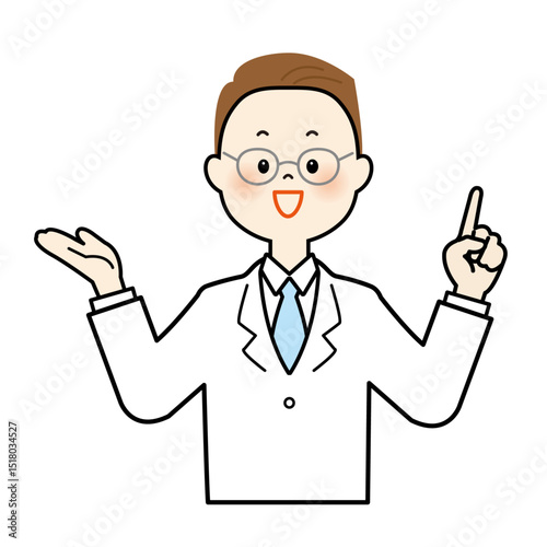 若い白衣の男性が指差し案内するイラスト