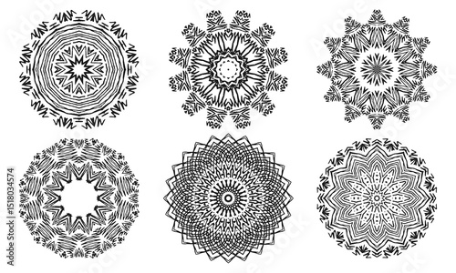Six openwork circular contour ornaments, mandalas. Vector set