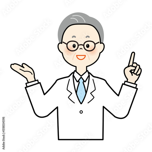 年配の白衣の男性が指差し案内するイラスト