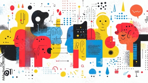 Abstract art depicting colorful human heads interconnected by lines and shapes, symbolizing communication and collaboration.