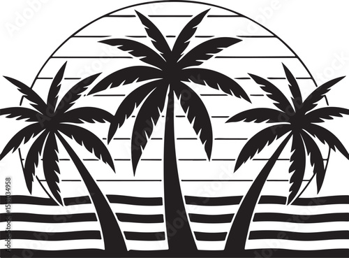 Tropical island vector with palm tree silhouettes at sunset