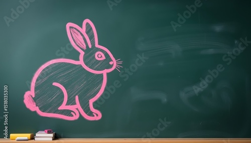 Chalk drawing of a pink rabbit on green chalkboard background  