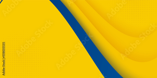 Abstract yellow and blue geometric curve overlap layer background with halftone dots decoration. Modern horizontal banner template design. Suit for cover, header, poster, banner, website, business