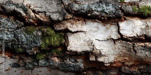 Close-up: weathered, cracked tree bark (birch/oak). Neutral earthy grey, brown, green moss tones. Diffused daylight. Texture fills frame, flatter side. Photorealistic, natural, rustic.